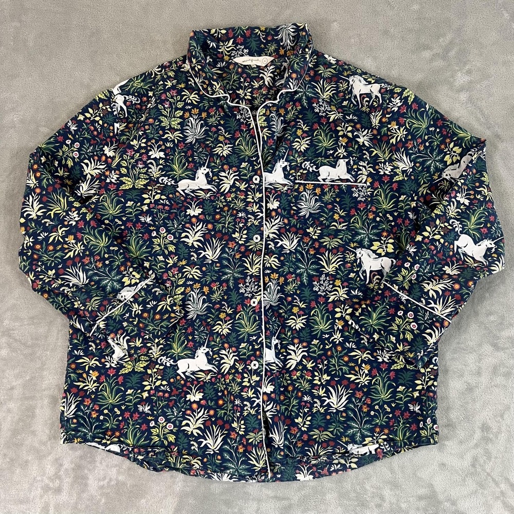 Printfresh Pajama Top Womens Large Blue Unicorn Floral Button Up Sleep Shirt